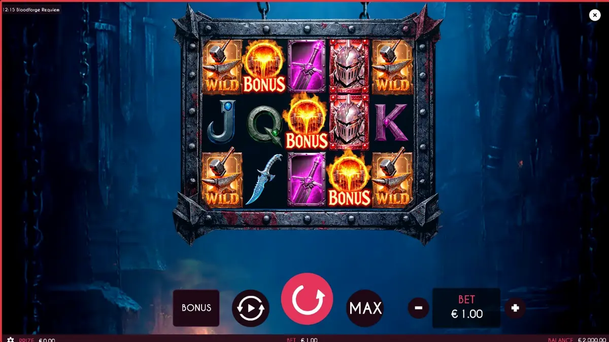 Tampilan visual slot Bloodforge Requiem dengan tema tungku api dan baja.