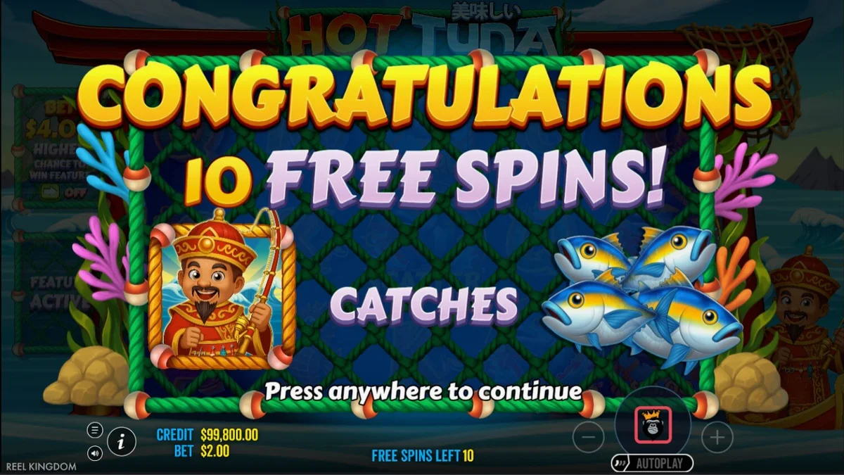 Tampilan visual mesin slot Hot Tuna dengan nelayan berjubah emas